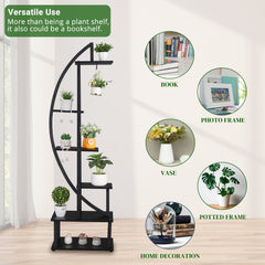 HAOYYE 6-Tier Half Moon Ironwood Plant Stand for Indoor Outdoor Garden Balcony Patio Lawn Decor Flower Pot Holder Shelf Rustic Black Metal Display Rack
