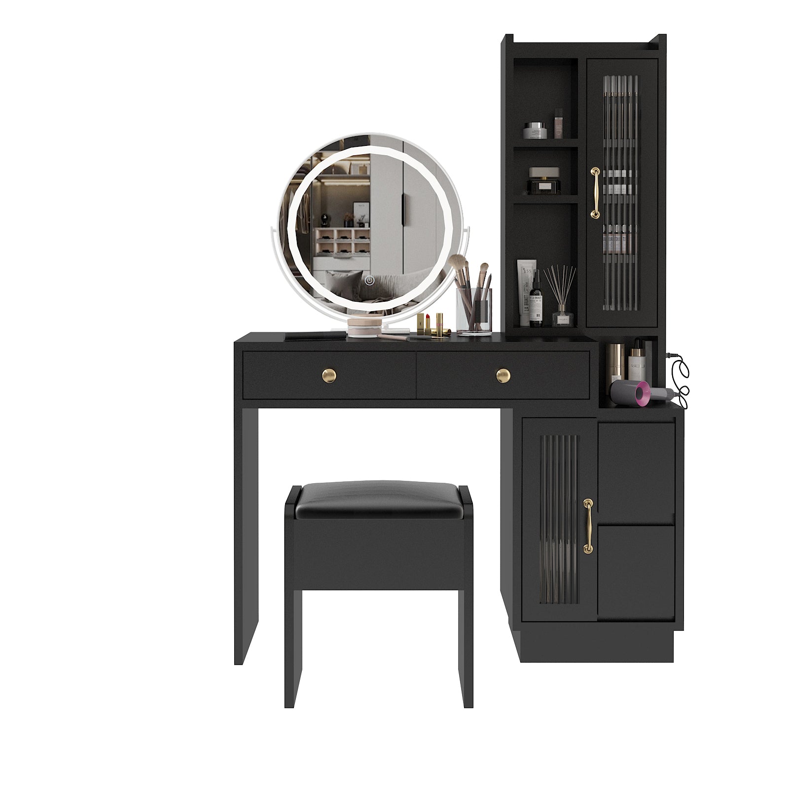 HAOYYE Modern Makeup Vanity Table Set with Side Cabinet, LED Mirror, Retractable Dressing Table with Power Outlets, 3 Light Colors for Bedroom, Makeup Room, Modern Vanity Desk with Storage & LED Lighting