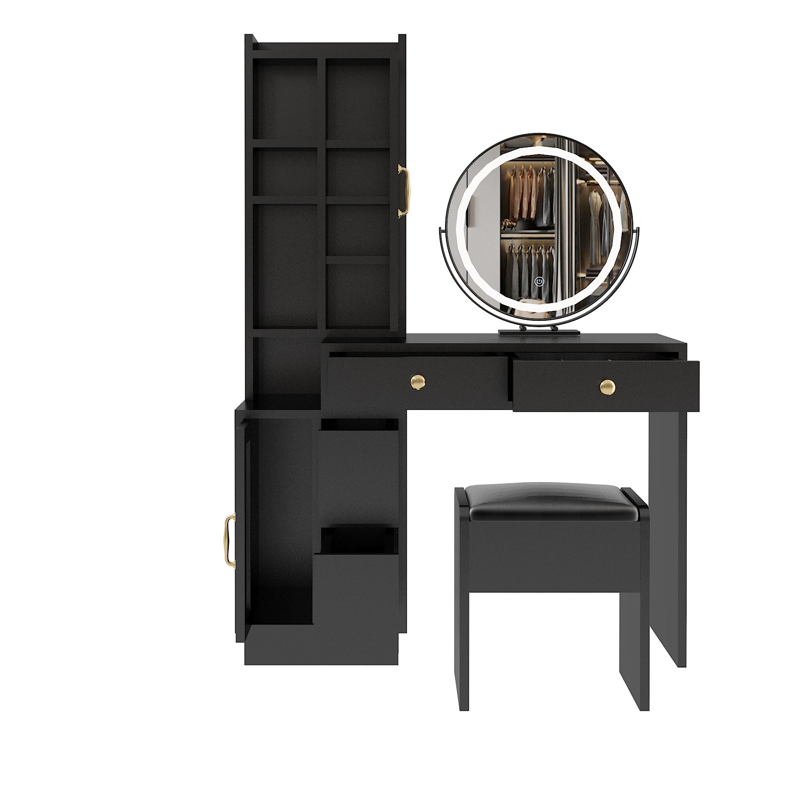 HAOYYE Modern Makeup Vanity Table Set with Side Cabinet, LED Mirror, Retractable Dressing Table with Power Outlets, 3 Light Colors for Bedroom, Makeup Room, Modern Vanity Desk with Storage & LED Lighting