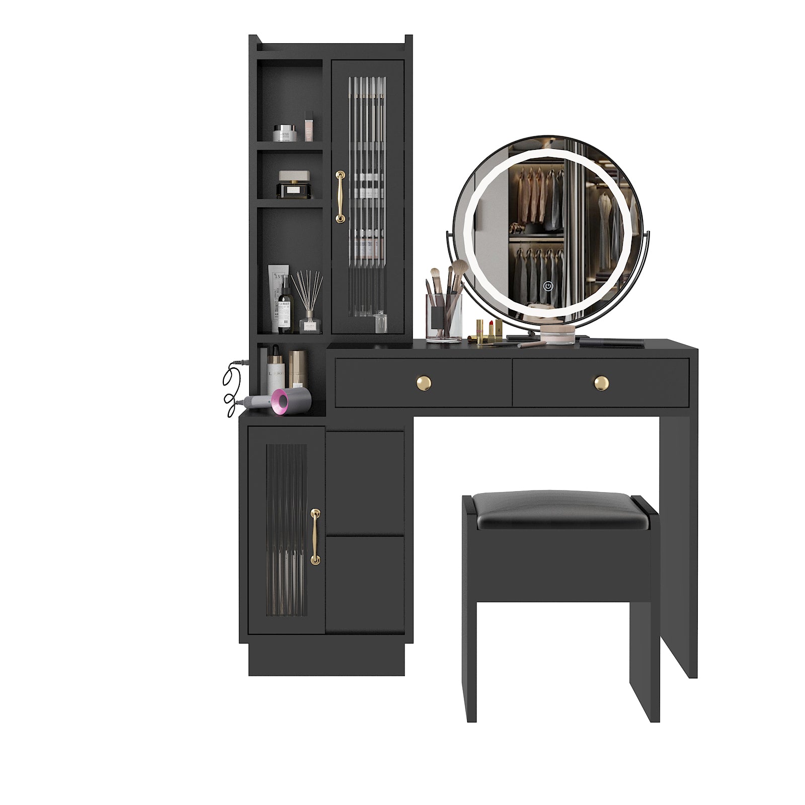 HAOYYE Modern Makeup Vanity Table Set with Side Cabinet, LED Mirror, Retractable Dressing Table with Power Outlets, 3 Light Colors for Bedroom, Makeup Room, Modern Vanity Desk with Storage & LED Lighting