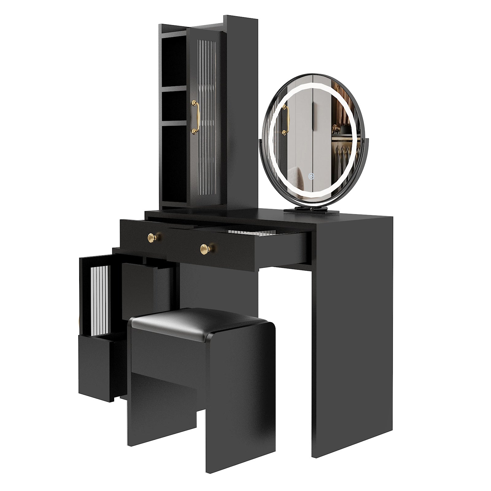 HAOYYE Modern Makeup Vanity Table Set with Side Cabinet, LED Mirror, Retractable Dressing Table with Power Outlets, 3 Light Colors for Bedroom, Makeup Room, Modern Vanity Desk with Storage & LED Lighting