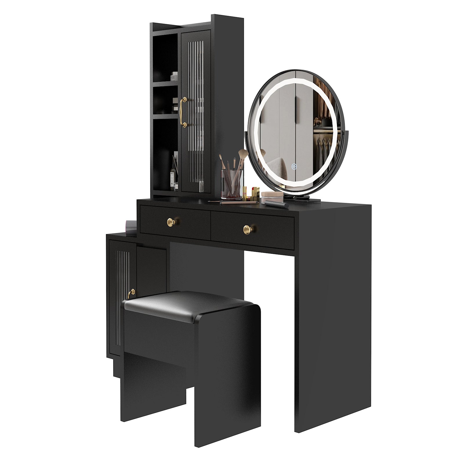 HAOYYE Modern Makeup Vanity Table Set with Side Cabinet, LED Mirror, Retractable Dressing Table with Power Outlets, 3 Light Colors for Bedroom, Makeup Room, Modern Vanity Desk with Storage & LED Lighting