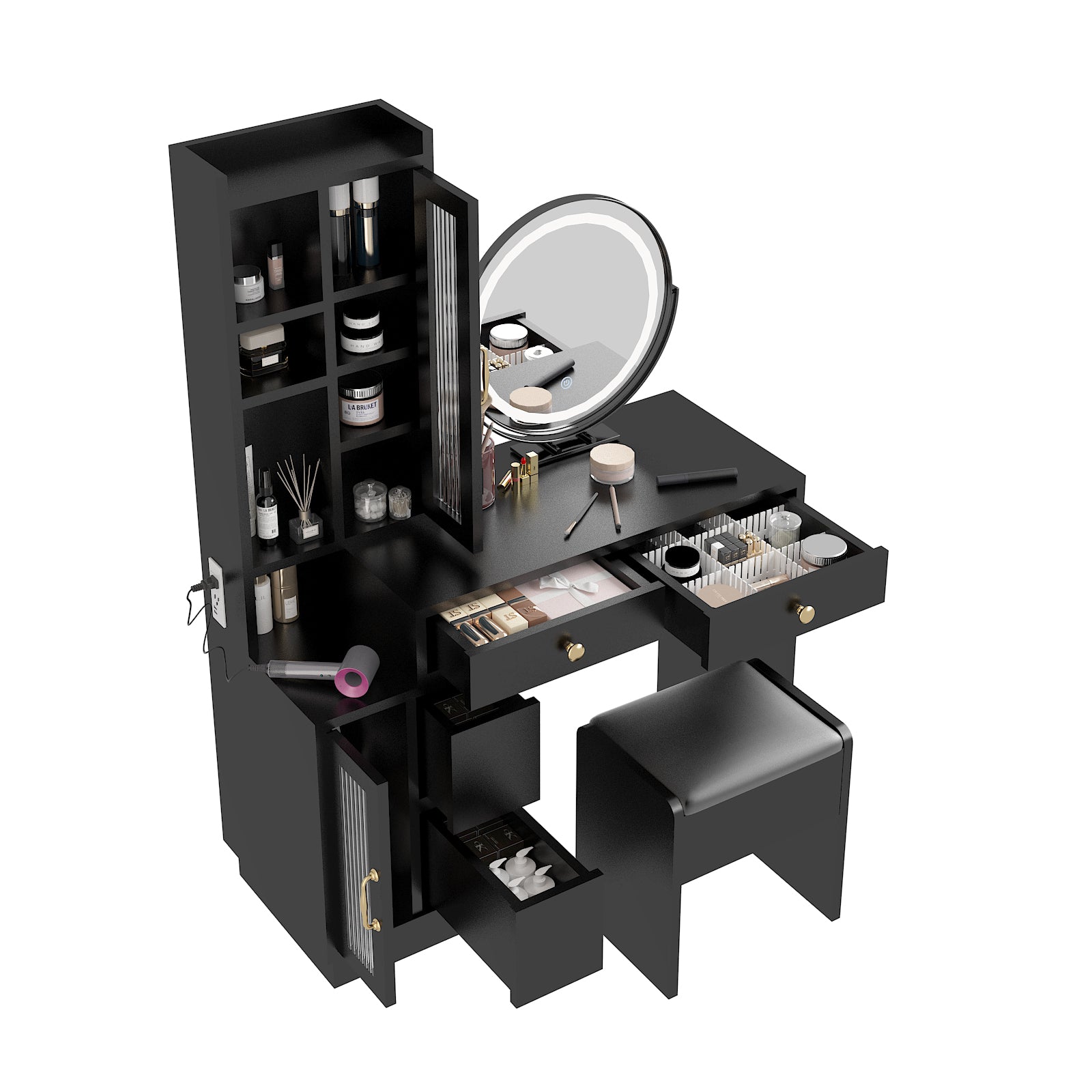 HAOYYE Modern Makeup Vanity Table Set with Side Cabinet, LED Mirror, Retractable Dressing Table with Power Outlets, 3 Light Colors for Bedroom, Makeup Room, Modern Vanity Desk with Storage & LED Lighting