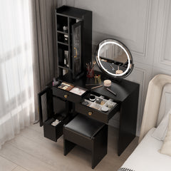 HAOYYE Modern Makeup Vanity Table Set with Side Cabinet, LED Mirror, Retractable Dressing Table with Power Outlets, 3 Light Colors for Bedroom, Makeup Room, Modern Vanity Desk with Storage & LED Lighting