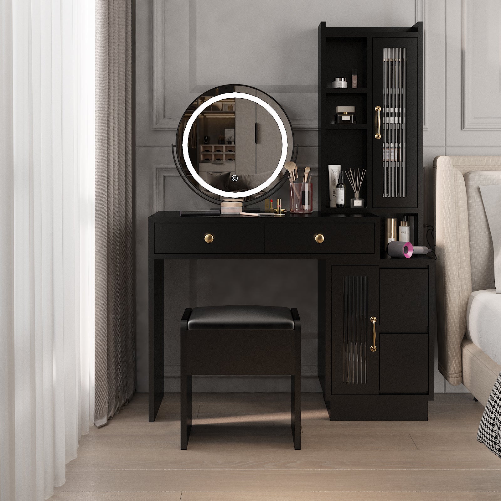 HAOYYE Modern Makeup Vanity Table Set with Side Cabinet, LED Mirror, Retractable Dressing Table with Power Outlets, 3 Light Colors for Bedroom, Makeup Room, Modern Vanity Desk with Storage & LED Lighting