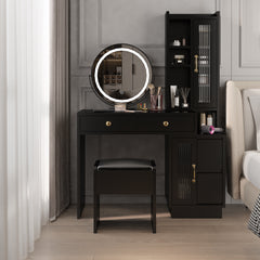HAOYYE Modern Makeup Vanity Table Set with Side Cabinet, LED Mirror, Retractable Dressing Table with Power Outlets, 3 Light Colors for Bedroom, Makeup Room, Modern Vanity Desk with Storage & LED Lighting