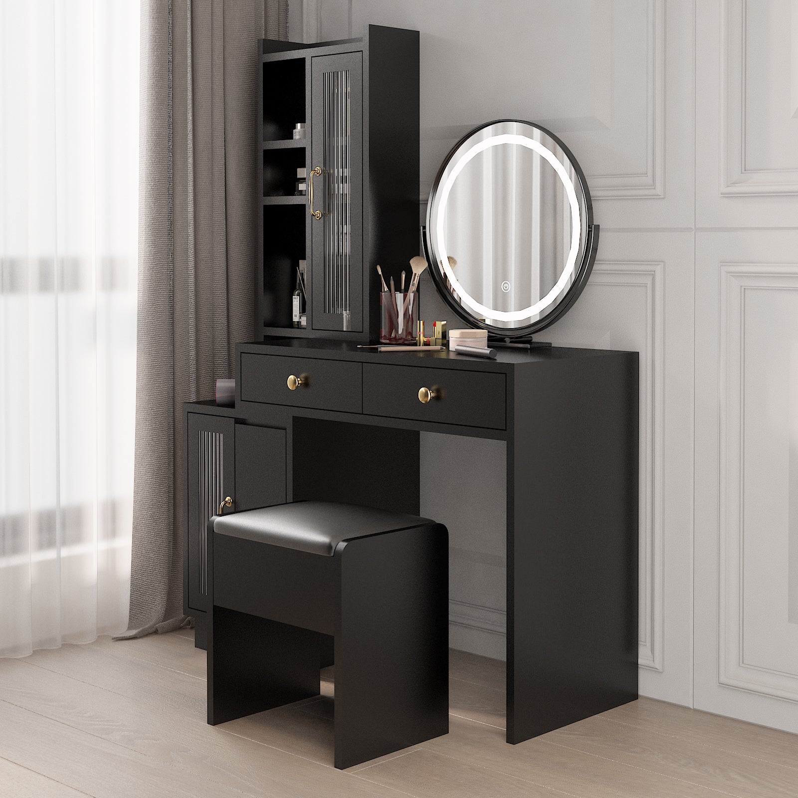 HAOYYE Modern Makeup Vanity Table Set with Side Cabinet, LED Mirror, Retractable Dressing Table with Power Outlets, 3 Light Colors for Bedroom, Makeup Room, Modern Vanity Desk with Storage & LED Lighting
