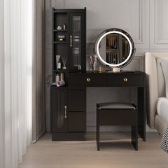HAOYYE Modern Makeup Vanity Table Set with Side Cabinet, LED Mirror, Retractable Dressing Table with Power Outlets, 3 Light Colors for Bedroom, Makeup Room, Modern Vanity Desk with Storage & LED Lighting