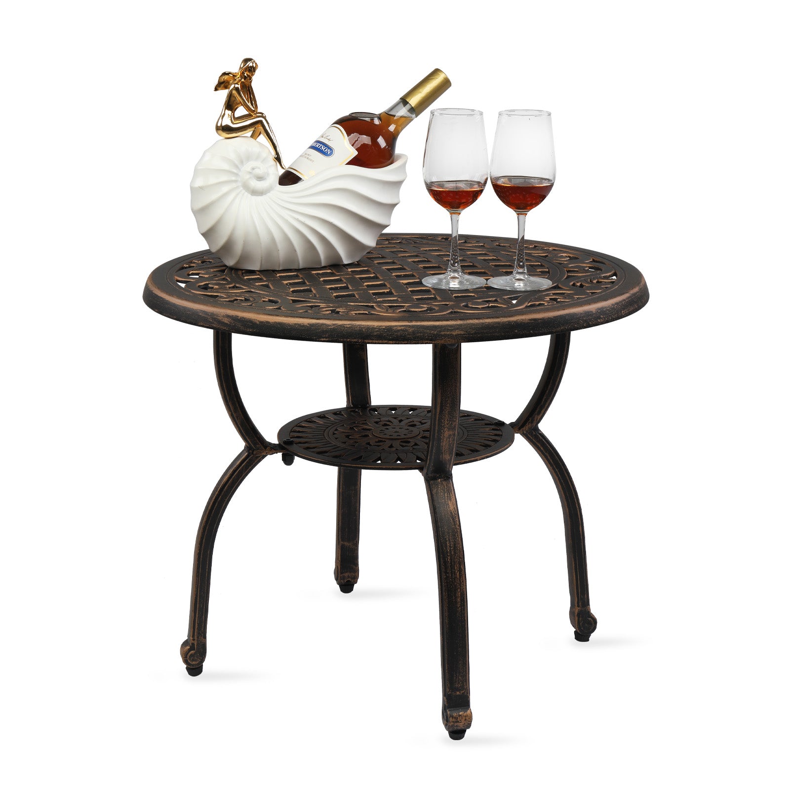 HAOYYE Cast Aluminum Outdoor Side Table, Anti-Rust Patio Coffee Bistro Table with Middle Shelf for Indoor Garden Porch Balcony, Antique Bronze Finish