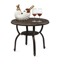 HAOYYE Cast Aluminum Outdoor Side Table, Anti-Rust Patio Coffee Bistro Table with Middle Shelf for Indoor Garden Porch Balcony, Antique Bronze Finish