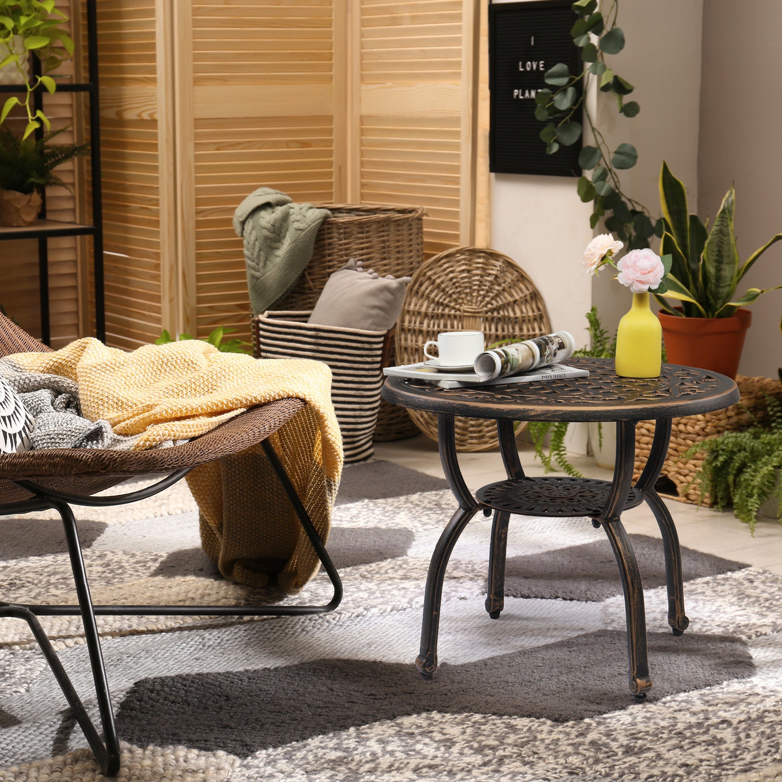HAOYYE Cast Aluminum Outdoor Side Table, Anti-Rust Patio Coffee Bistro Table with Middle Shelf for Indoor Garden Porch Balcony, Antique Bronze Finish