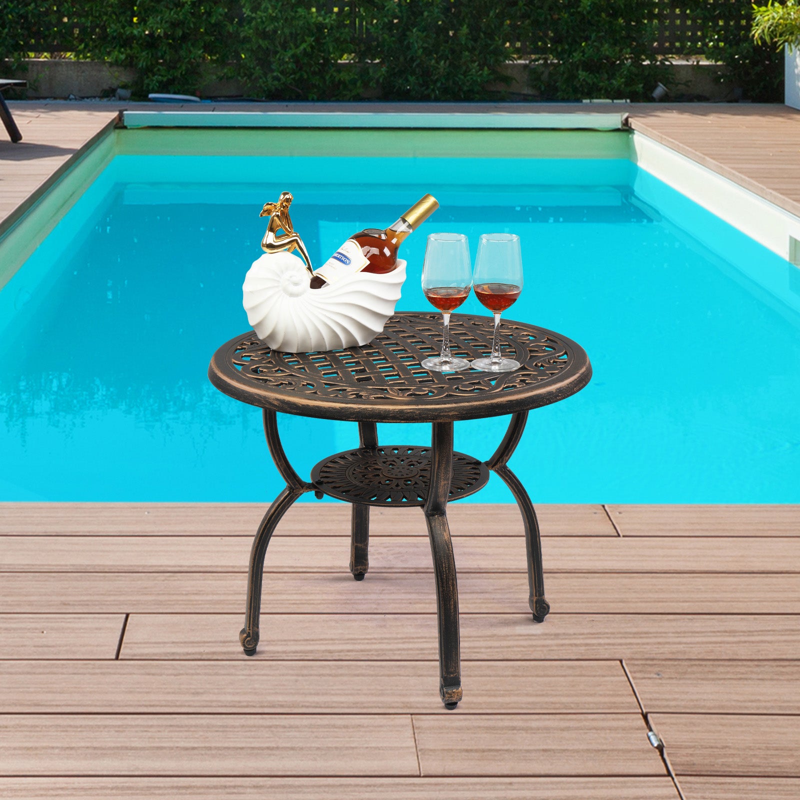 HAOYYE Cast Aluminum Outdoor Side Table, Anti-Rust Patio Coffee Bistro Table with Middle Shelf for Indoor Garden Porch Balcony, Antique Bronze Finish