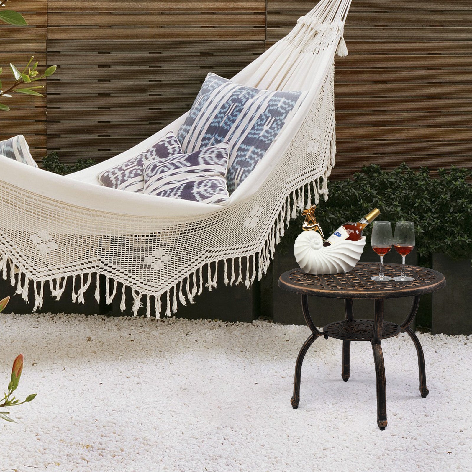 HAOYYE Cast Aluminum Outdoor Side Table, Anti-Rust Patio Coffee Bistro Table with Middle Shelf for Indoor Garden Porch Balcony, Antique Bronze Finish