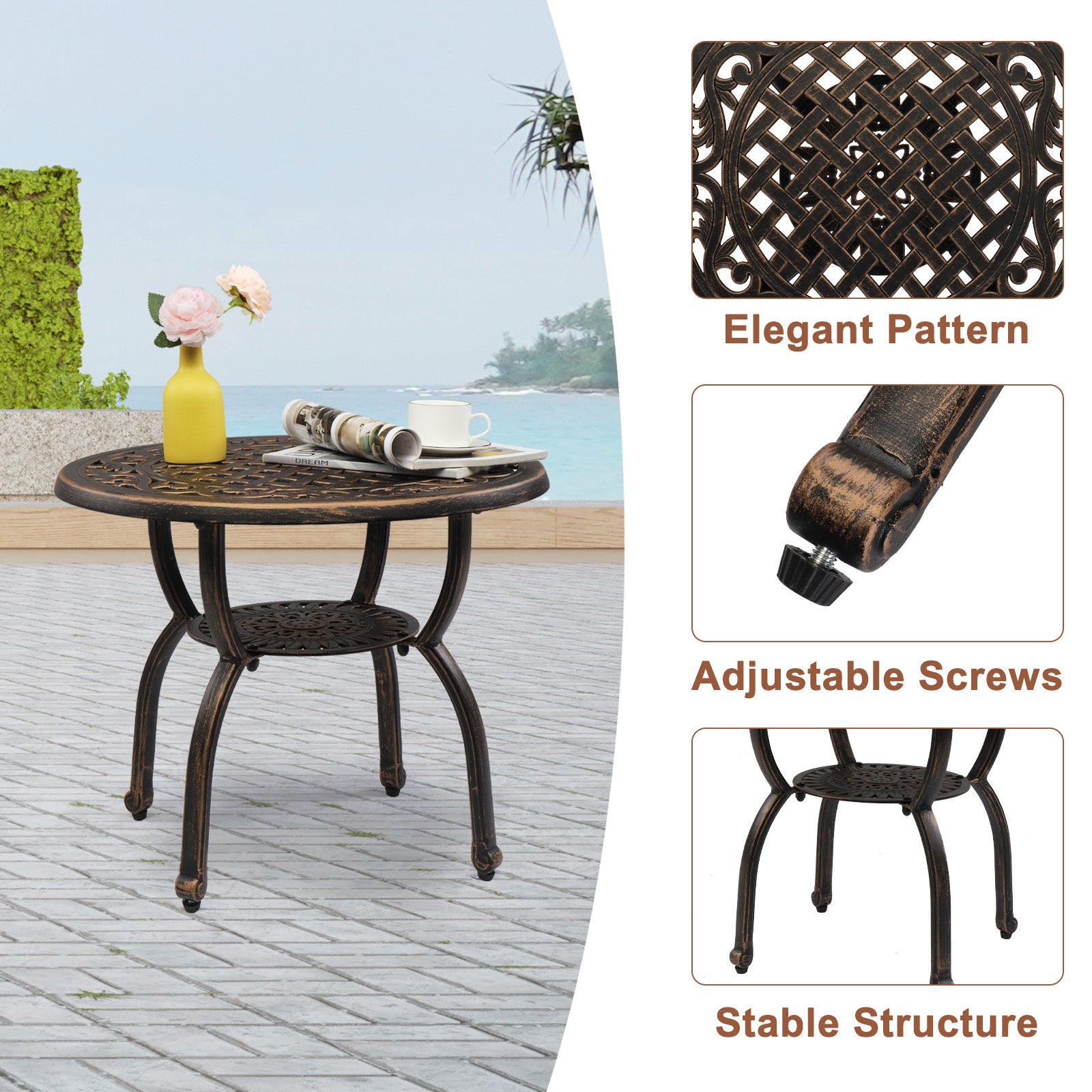 HAOYYE Cast Aluminum Outdoor Side Table, Anti-Rust Patio Coffee Bistro Table with Middle Shelf for Indoor Garden Porch Balcony, Antique Bronze Finish