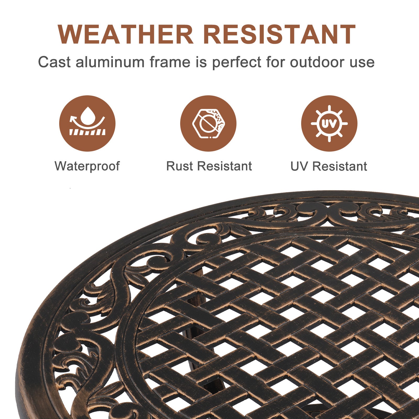 HAOYYE Cast Aluminum Outdoor Side Table, Anti-Rust Patio Coffee Bistro Table with Middle Shelf for Indoor Garden Porch Balcony, Antique Bronze Finish