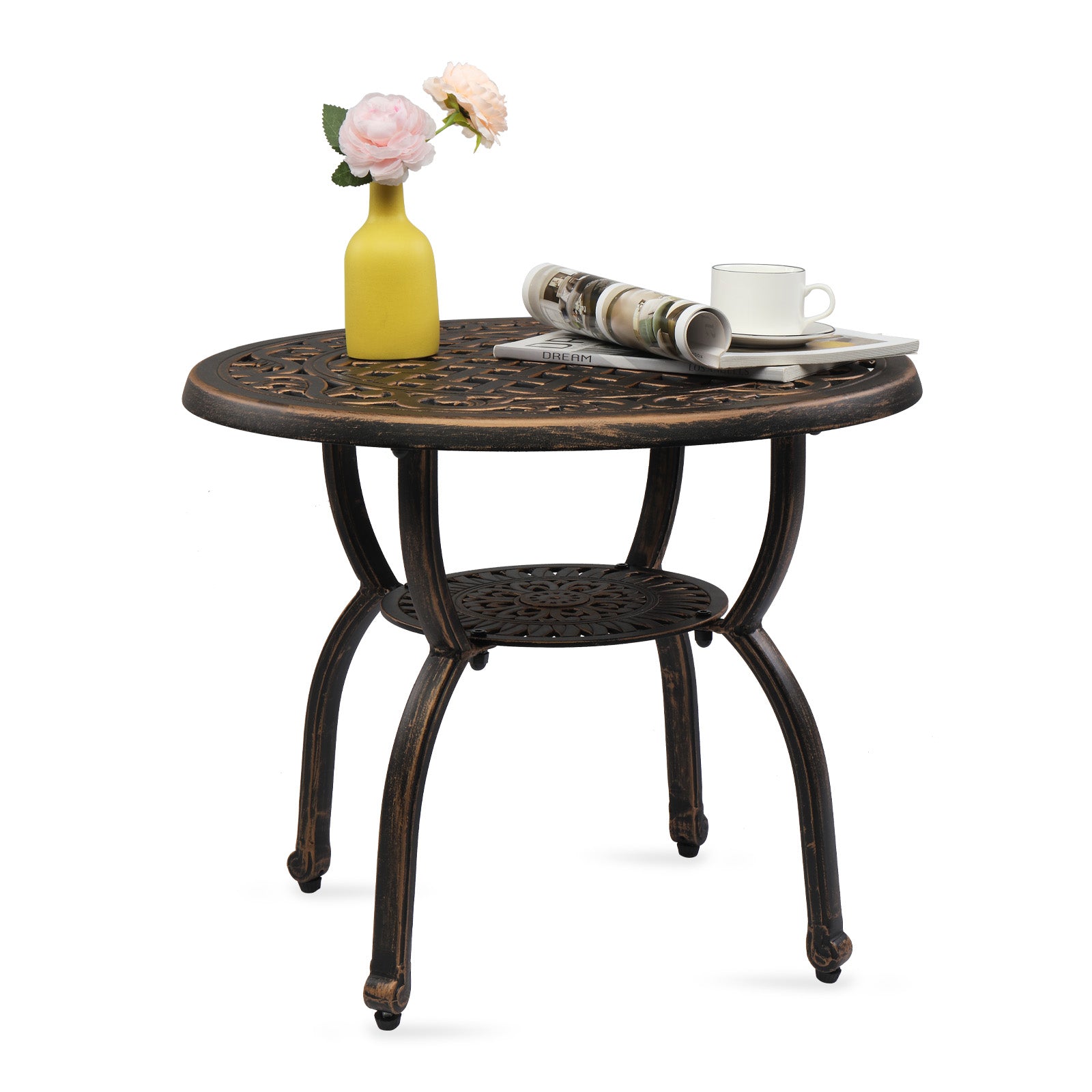 HAOYYE Cast Aluminum Outdoor Side Table, Anti-Rust Patio Coffee Bistro Table with Middle Shelf for Indoor Garden Porch Balcony, Antique Bronze Finish