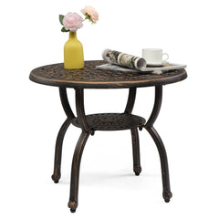 HAOYYE Cast Aluminum Outdoor Side Table, Anti-Rust Patio Coffee Bistro Table with Middle Shelf for Indoor Garden Porch Balcony, Antique Bronze Finish