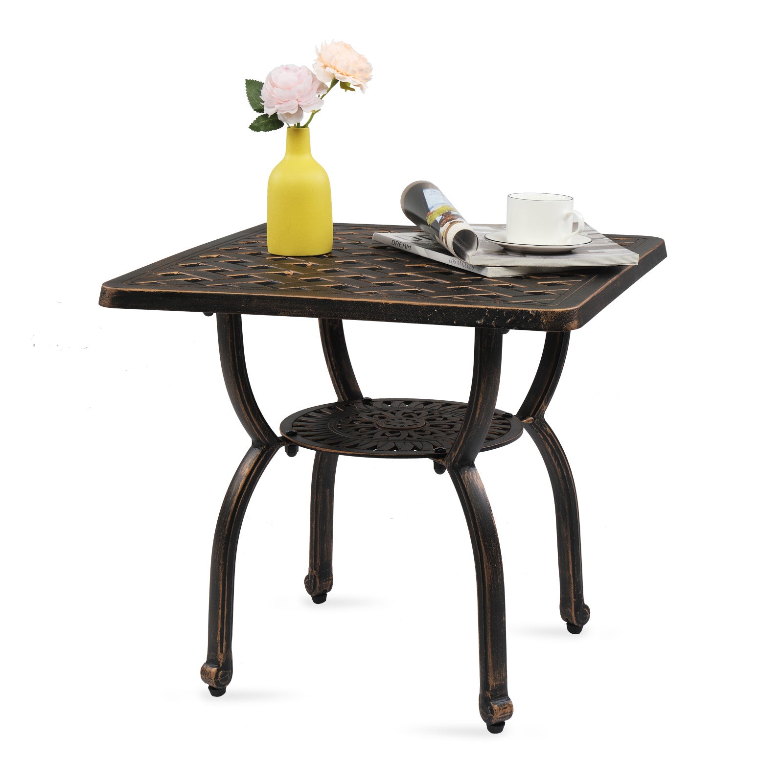 HAOYYE Cast Aluminum Outdoor Side Table, Anti-Rust Patio Coffee Bistro Table with Middle Shelf for Garden Porch Balcony, Antique Bronze Finish