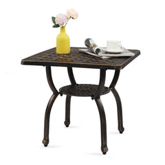 HAOYYE Cast Aluminum Outdoor Side Table, Anti-Rust Patio Coffee Bistro Table with Middle Shelf for Garden Porch Balcony, Antique Bronze Finish