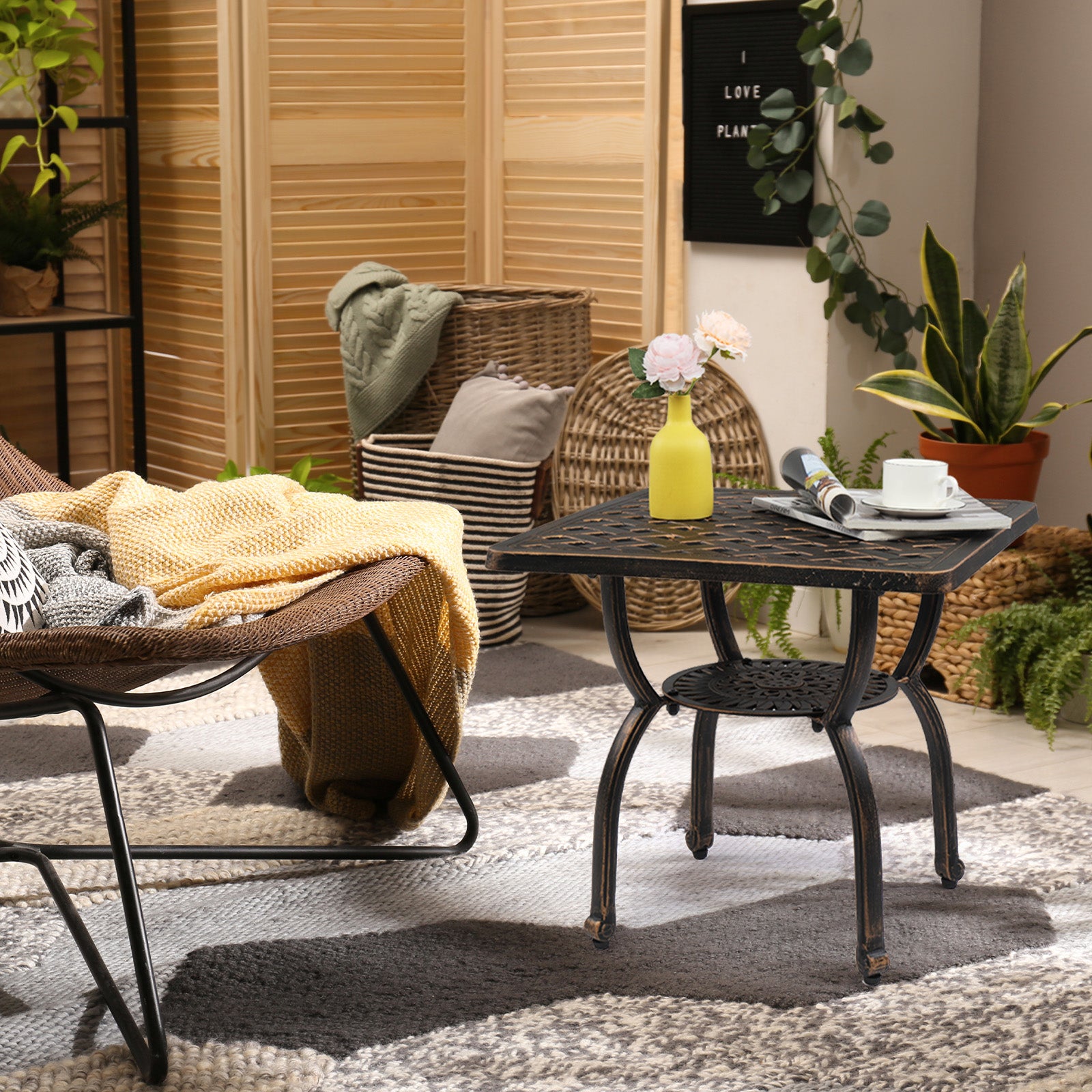 HAOYYE Cast Aluminum Outdoor Side Table, Anti-Rust Patio Coffee Bistro Table with Middle Shelf for Garden Porch Balcony, Antique Bronze Finish