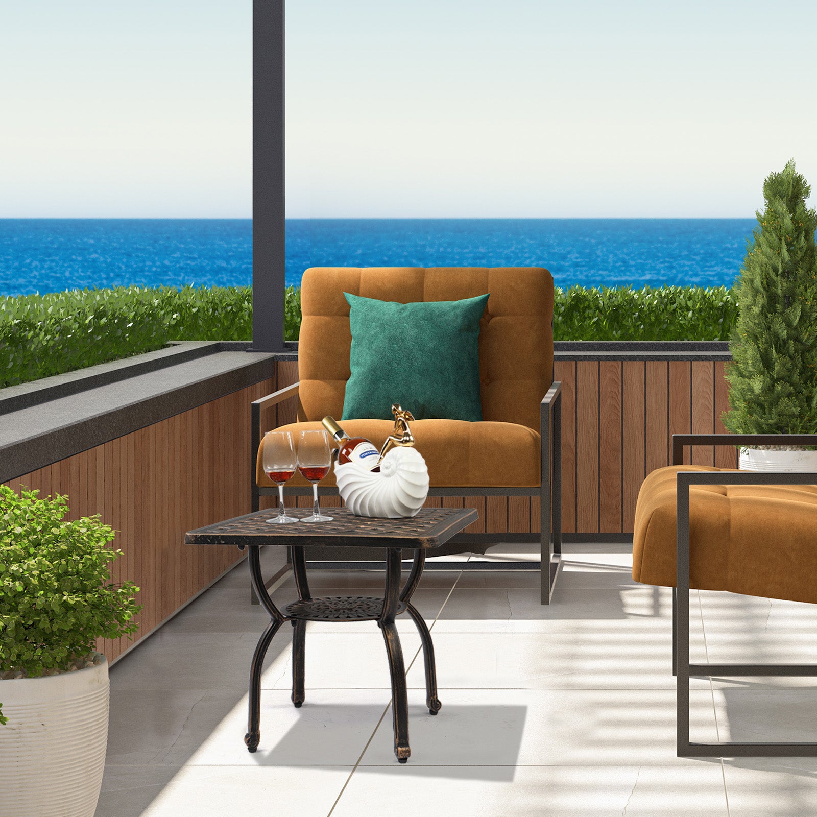 HAOYYE Cast Aluminum Outdoor Side Table, Anti-Rust Patio Coffee Bistro Table with Middle Shelf for Garden Porch Balcony, Antique Bronze Finish