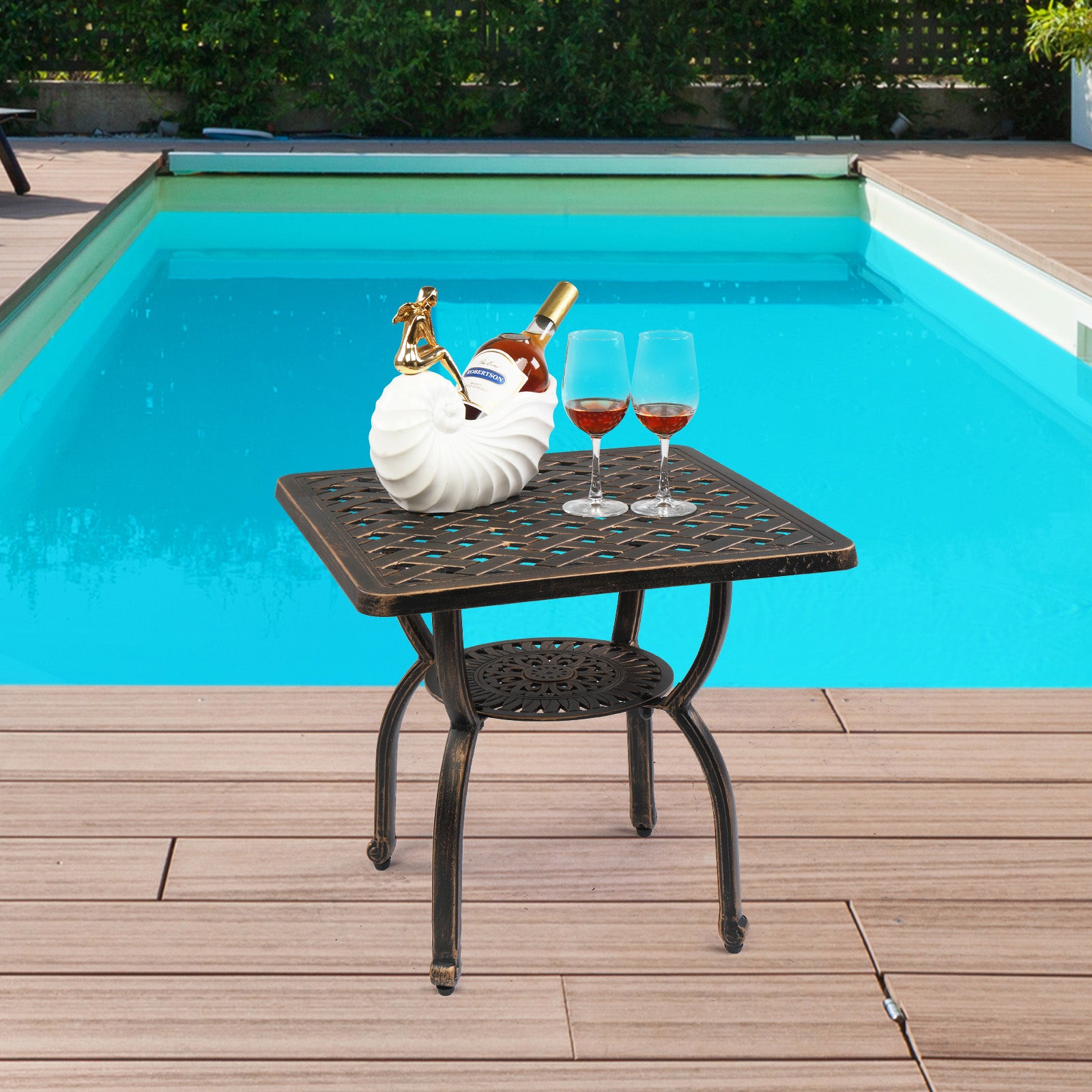 HAOYYE Cast Aluminum Outdoor Side Table, Anti-Rust Patio Coffee Bistro Table with Middle Shelf for Garden Porch Balcony, Antique Bronze Finish