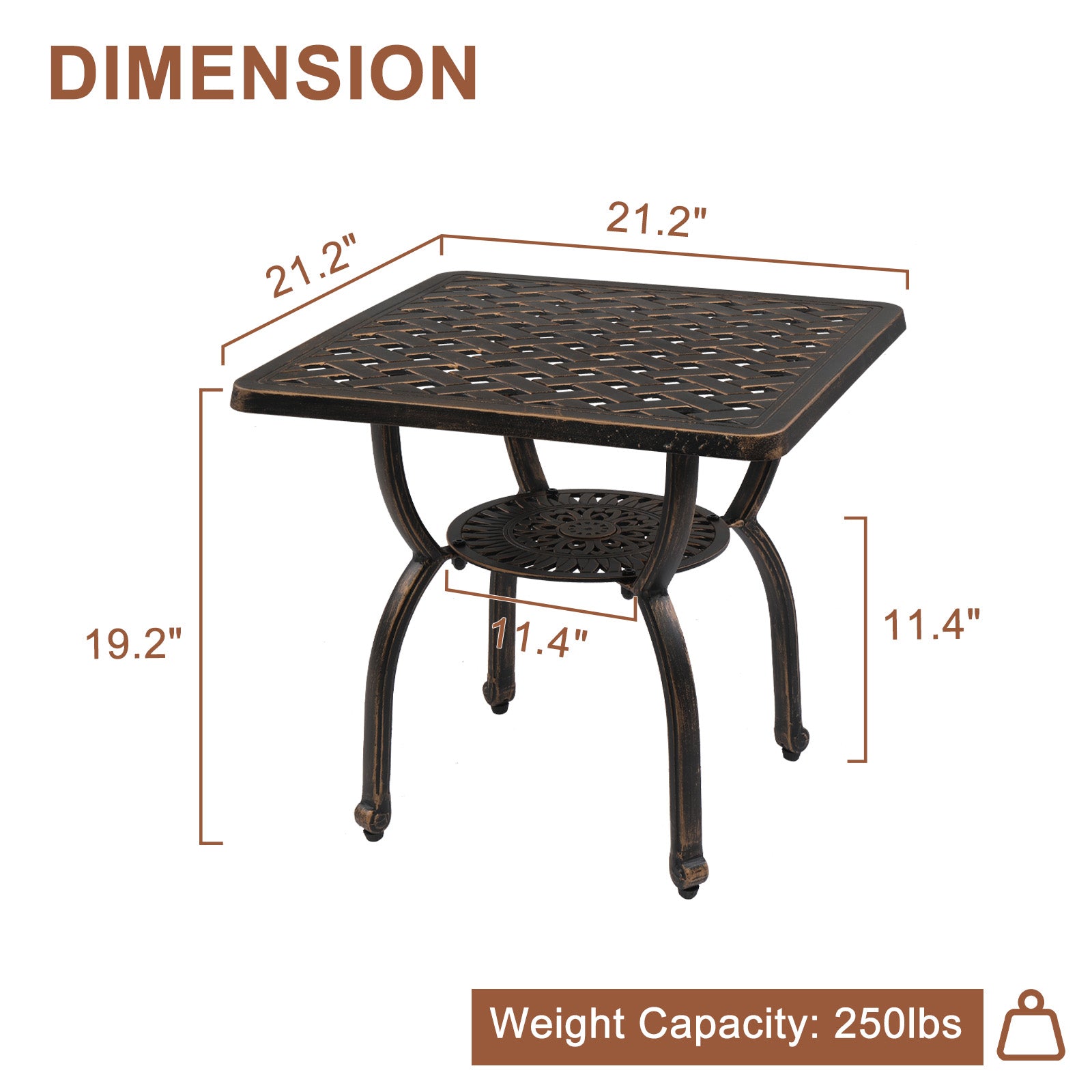 HAOYYE Cast Aluminum Outdoor Side Table, Anti-Rust Patio Coffee Bistro Table with Middle Shelf for Garden Porch Balcony, Antique Bronze Finish