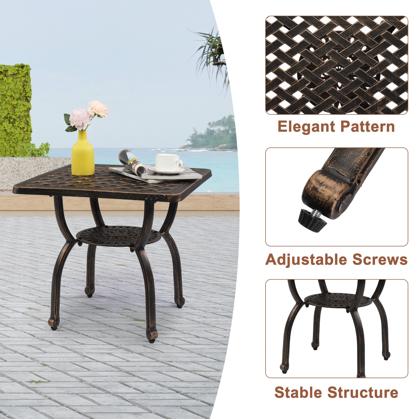 HAOYYE Cast Aluminum Outdoor Side Table, Anti-Rust Patio Coffee Bistro Table with Middle Shelf for Garden Porch Balcony, Antique Bronze Finish