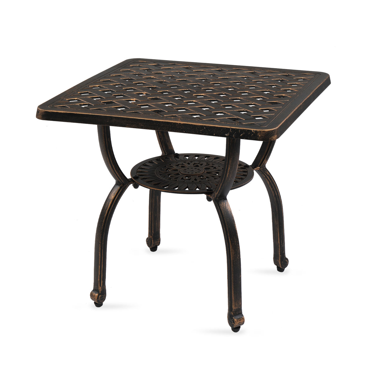 HAOYYE Cast Aluminum Outdoor Side Table, Anti-Rust Patio Coffee Bistro Table with Middle Shelf for Garden Porch Balcony, Antique Bronze Finish