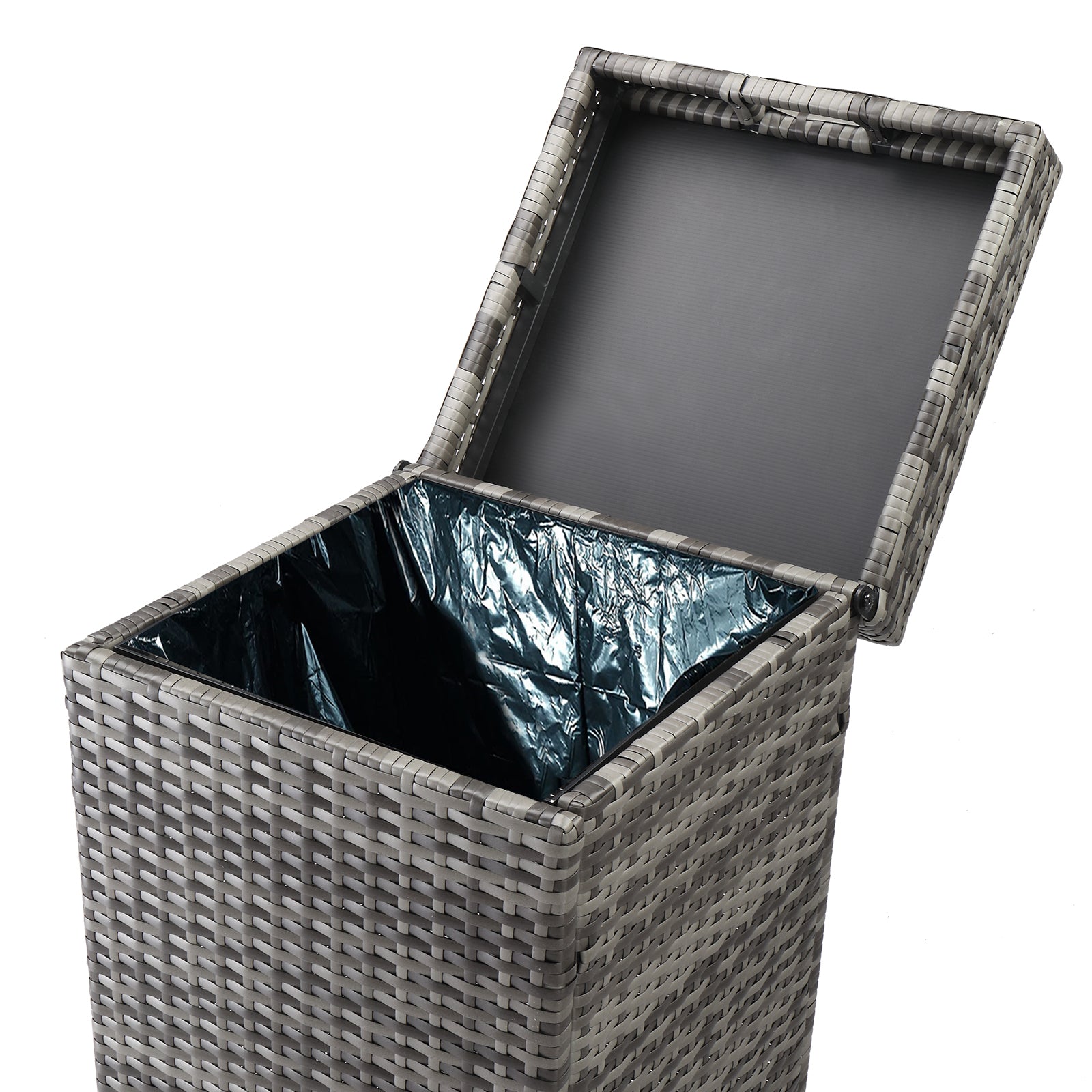 HAOYYE Outdoor Rattan Trash Can with Top Cover Gray Gradient Iron Frame Wicker Style Garbage Bin for Patio Garden Balcony Deck Waterproof Durable Decorative Waste Storage Container