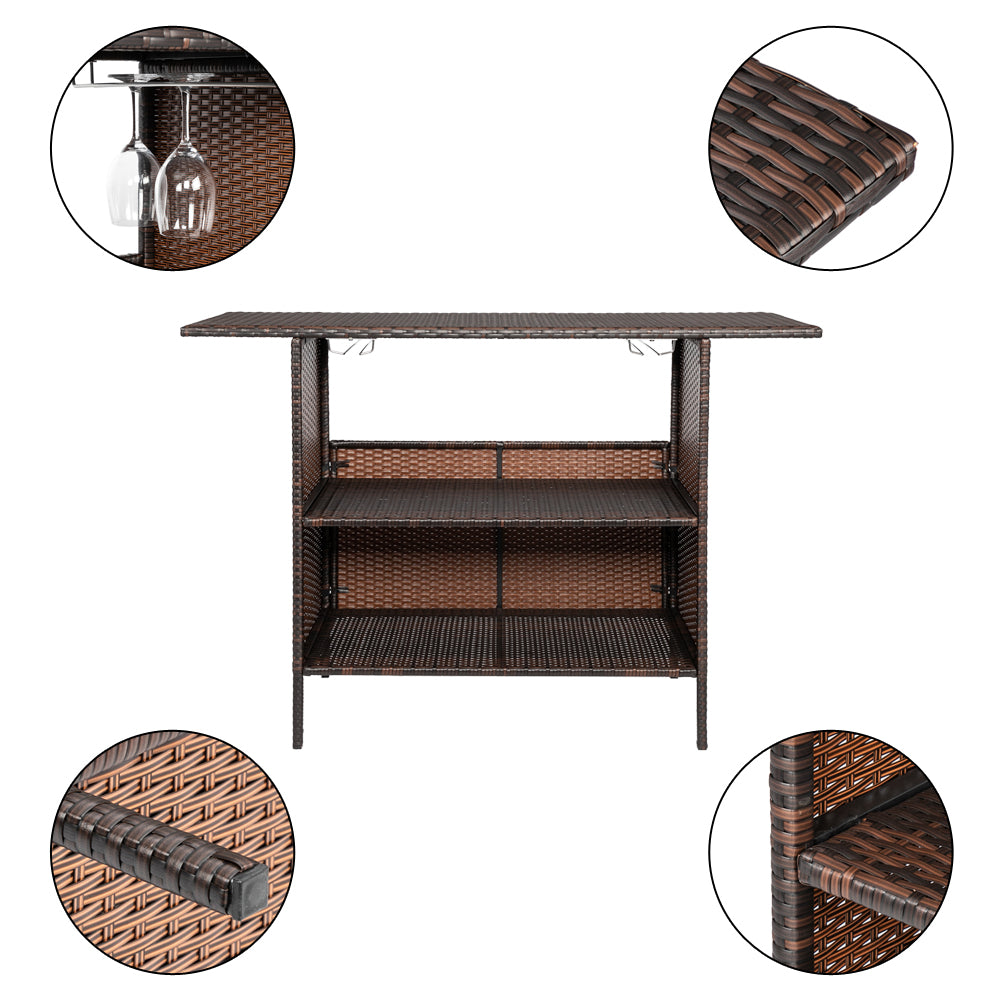 HAOYYE Modern Brown Gradient Bar Table Stylish Rattan Pub Table with Stainless Steel Cup Holders for Home Kitchen Dining Living Room Small Space Furniture