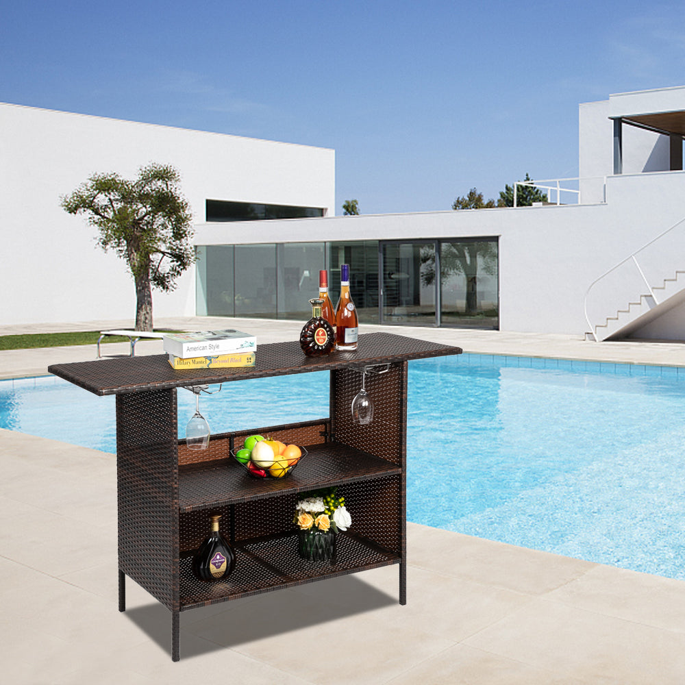 HAOYYE Modern Brown Gradient Bar Table Stylish Rattan Pub Table with Stainless Steel Cup Holders for Home Kitchen Dining Living Room Small Space Furniture