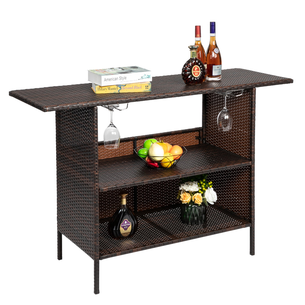 HAOYYE Modern Brown Gradient Bar Table Stylish Rattan Pub Table with Stainless Steel Cup Holders for Home Kitchen Dining Living Room Small Space Furniture