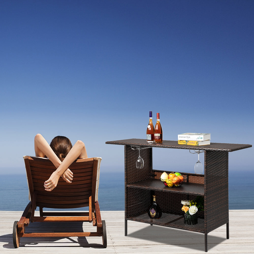 HAOYYE Modern Brown Gradient Bar Table Stylish Rattan Pub Table with Stainless Steel Cup Holders for Home Kitchen Dining Living Room Small Space Furniture