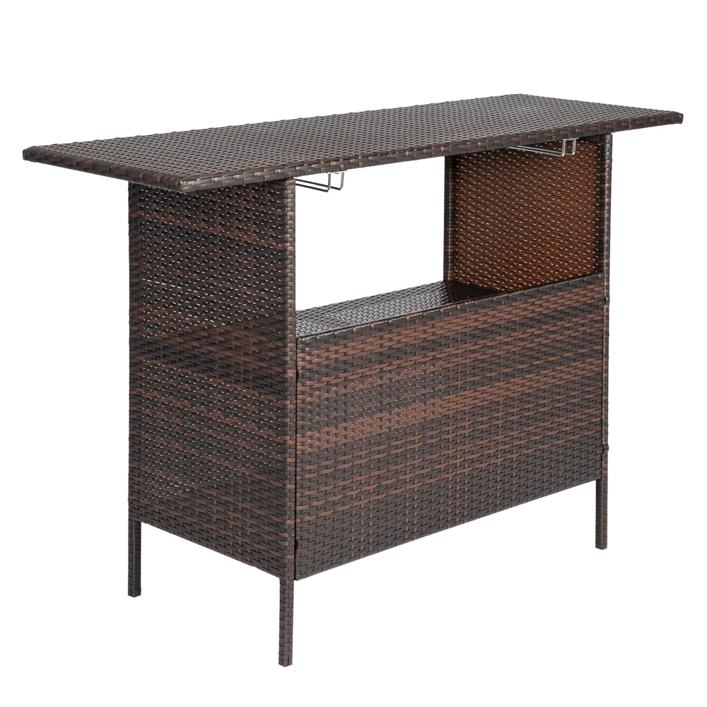 HAOYYE Modern Brown Gradient Bar Table Stylish Rattan Pub Table with Stainless Steel Cup Holders for Home Kitchen Dining Living Room Small Space Furniture
