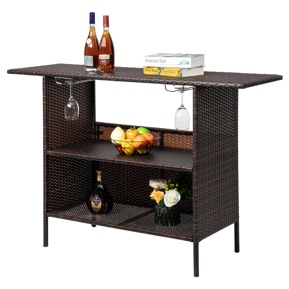 HAOYYE Modern Brown Gradient Bar Table Stylish Rattan Pub Table with Stainless Steel Cup Holders for Home Kitchen Dining Living Room Small Space Furniture