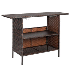 HAOYYE Modern Brown Gradient Bar Table Stylish Rattan Pub Table with Stainless Steel Cup Holders for Home Kitchen Dining Living Room Small Space Furniture