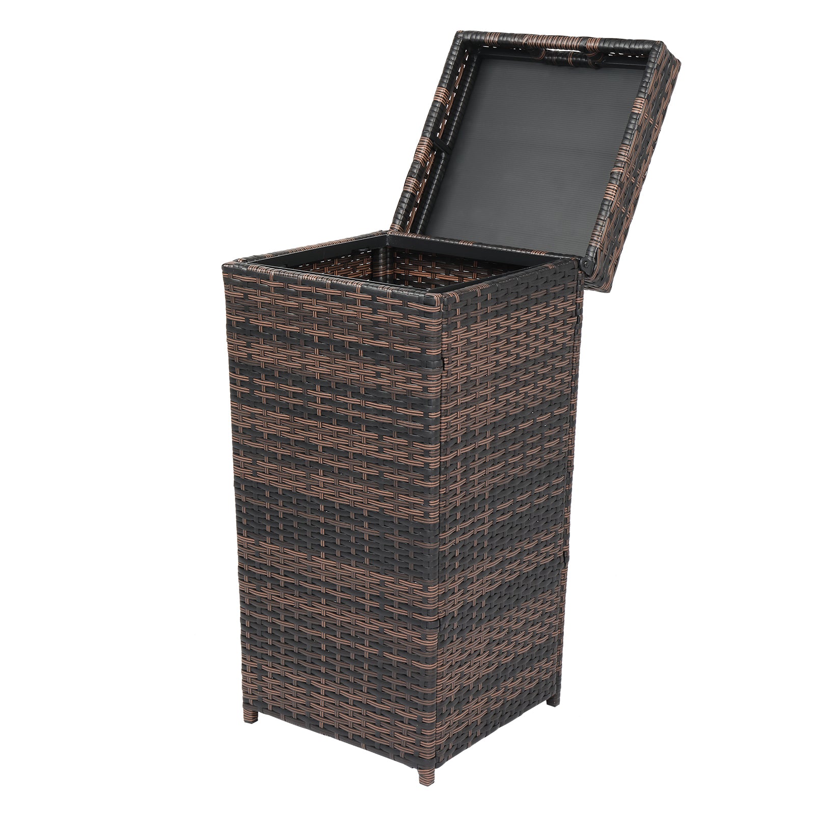 HAOYYE Outdoor Rattan Trash Can with Top Cover Brown Gradient Iron Frame Wicker Style Waste Bin for Patio Garden Balcony Deck Waterproof Durable Garbage Container Decorative Storage Solution