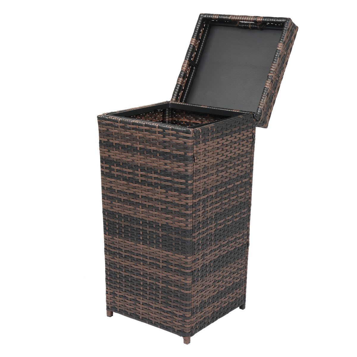 HAOYYE Outdoor Rattan Trash Can with Top Cover Brown Gradient Iron Frame Wicker Style Waste Bin for Patio Garden Balcony Deck Waterproof Durable Garbage Container Decorative Storage Solution