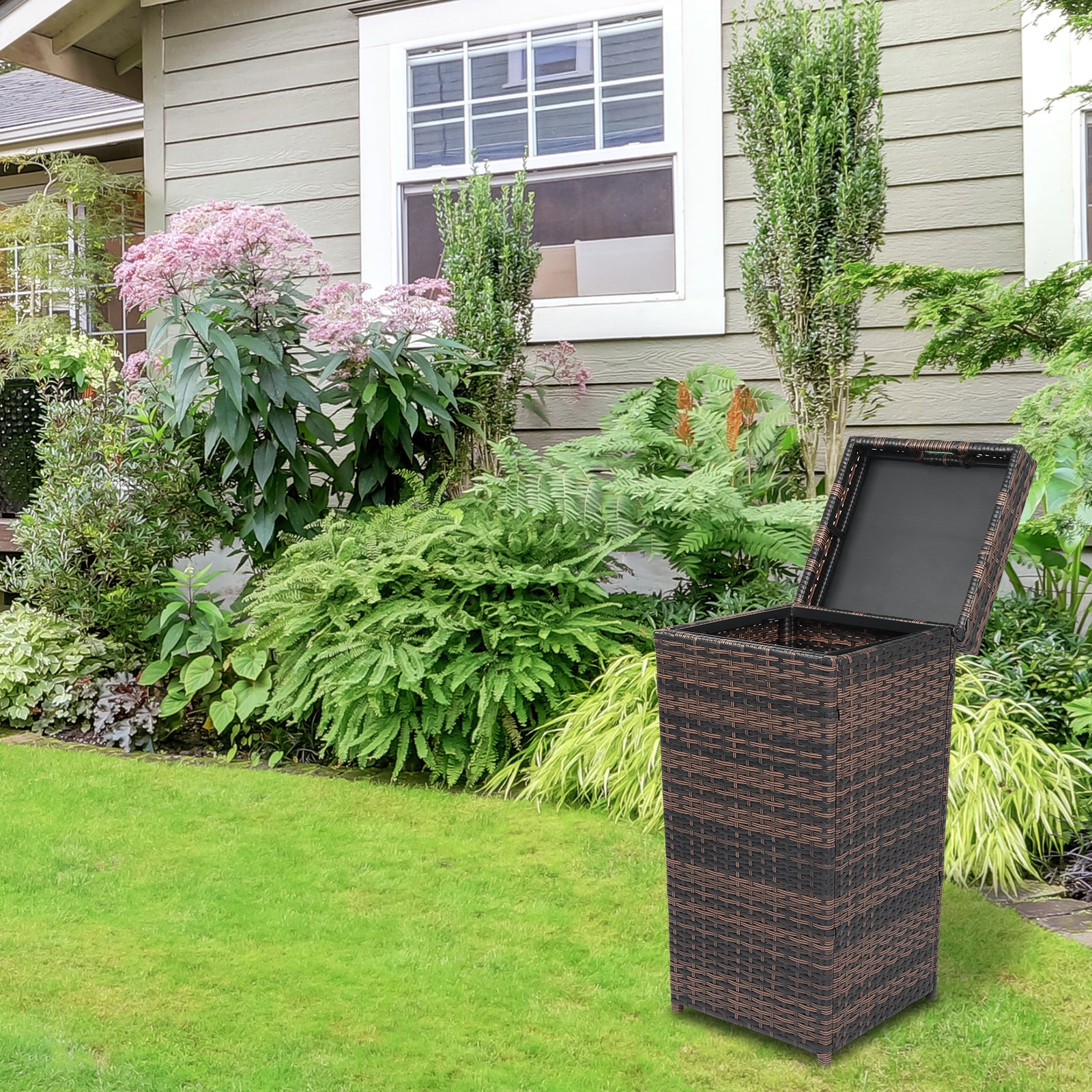 HAOYYE Outdoor Rattan Trash Can with Top Cover Brown Gradient Iron Frame Wicker Style Waste Bin for Patio Garden Balcony Deck Waterproof Durable Garbage Container Decorative Storage Solution