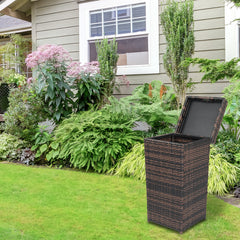 HAOYYE Outdoor Rattan Trash Can with Top Cover Brown Gradient Iron Frame Wicker Style Waste Bin for Patio Garden Balcony Deck Waterproof Durable Garbage Container Decorative Storage Solution