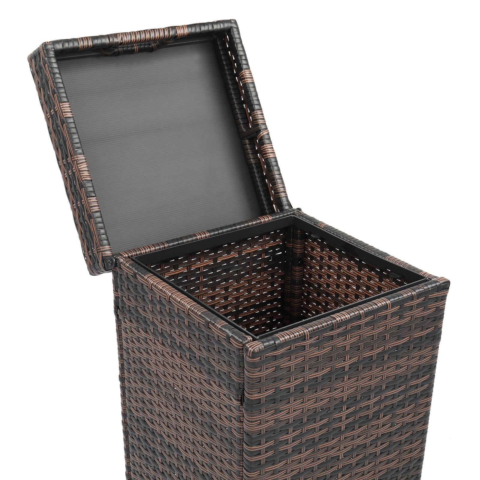 HAOYYE Outdoor Rattan Trash Can with Top Cover Brown Gradient Iron Frame Wicker Style Waste Bin for Patio Garden Balcony Deck Waterproof Durable Garbage Container Decorative Storage Solution