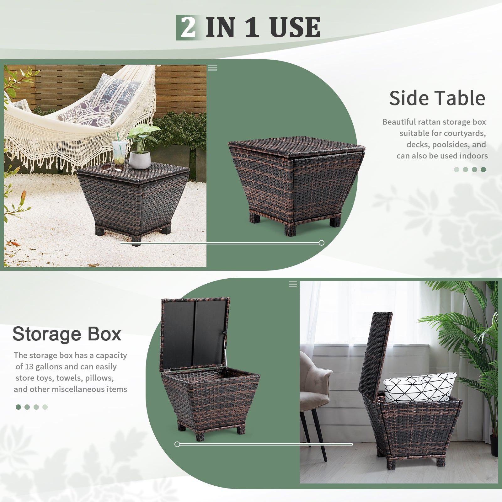 HAOYYE Outdoor PE Wicker Side Table with Hidden Storage Bin for Patio Garden Porch Deck, Small Rattan Storage Container for Hose Towels Cushions and More, Weather Resistant and Durable Design for Versatile Use