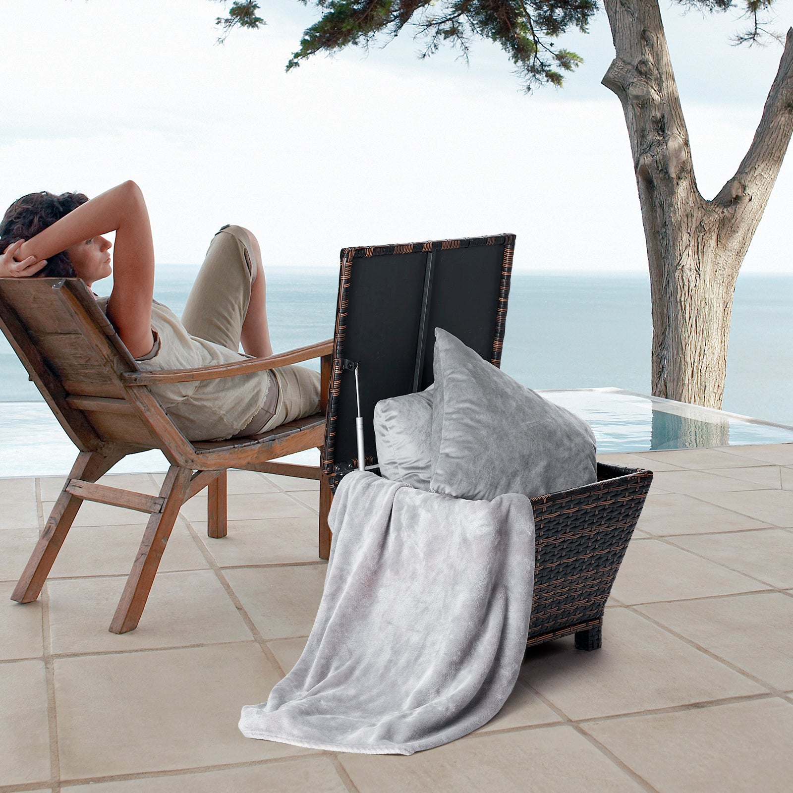 HAOYYE Outdoor PE Wicker Side Table with Hidden Storage Bin for Patio Garden Porch Deck, Small Rattan Storage Container for Hose Towels Cushions and More, Weather Resistant and Durable Design for Versatile Use