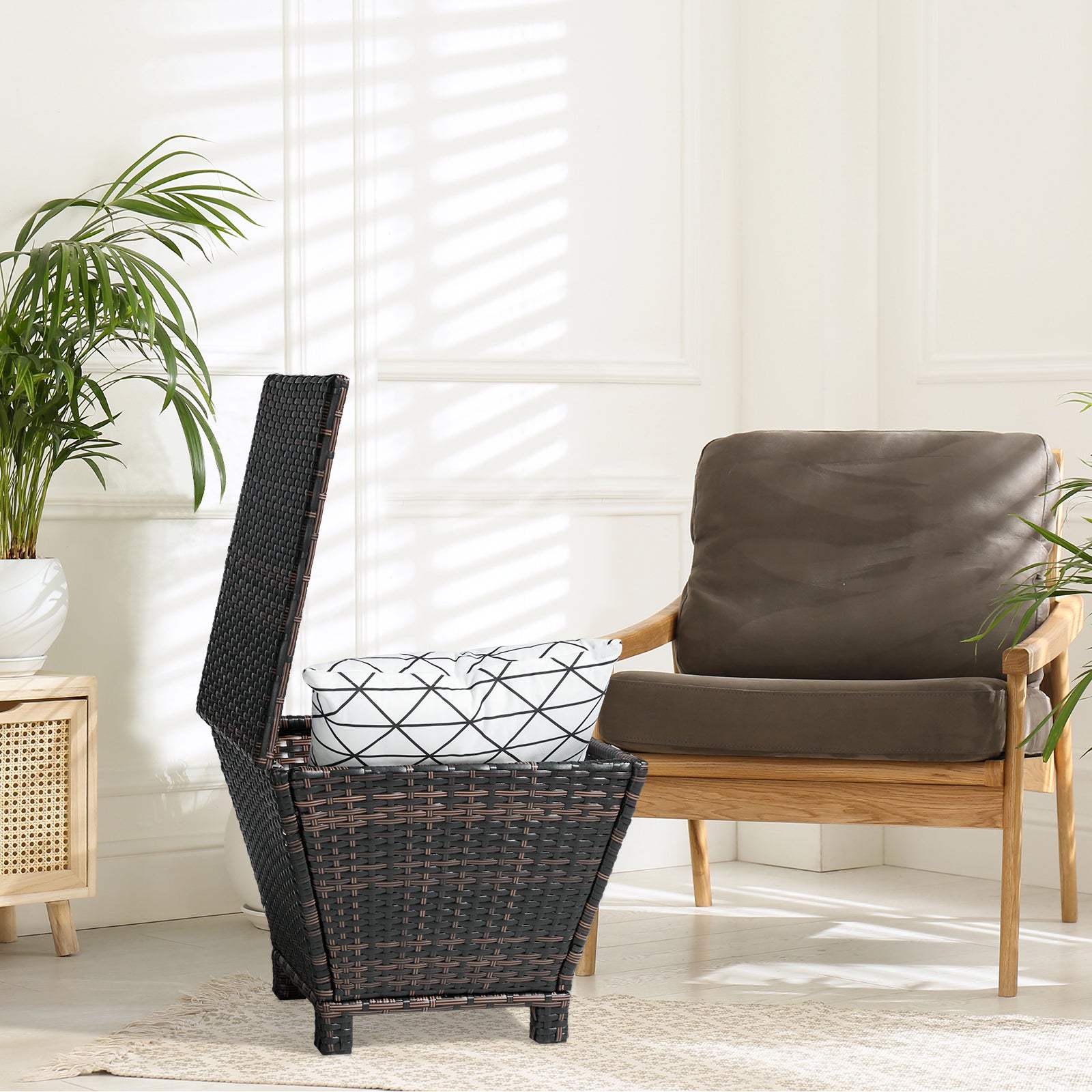 HAOYYE Outdoor PE Wicker Side Table with Hidden Storage Bin for Patio Garden Porch Deck, Small Rattan Storage Container for Hose Towels Cushions and More, Weather Resistant and Durable Design for Versatile Use