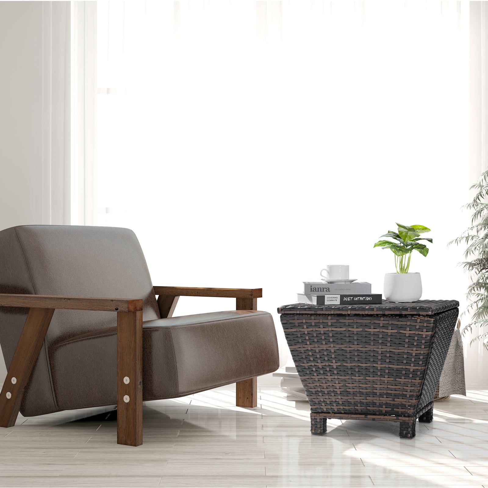 HAOYYE Outdoor PE Wicker Side Table with Hidden Storage Bin for Patio Garden Porch Deck, Small Rattan Storage Container for Hose Towels Cushions and More, Weather Resistant and Durable Design for Versatile Use