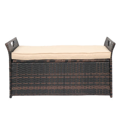 HAOYYE Rattan Storage Ottoman Bench with Cushion and Iron Frame, Brown Gradient PE Wicker Footstool Locker for Bedroom Entryway Living Room, 125L Hidden Storage Chest with Soft Seat, Indoor Shoe Storage Organizer