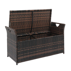 HAOYYE Rattan Storage Ottoman Bench with Cushion and Iron Frame, Brown Gradient PE Wicker Footstool Locker for Bedroom Entryway Living Room, 125L Hidden Storage Chest with Soft Seat, Indoor Shoe Storage Organizer