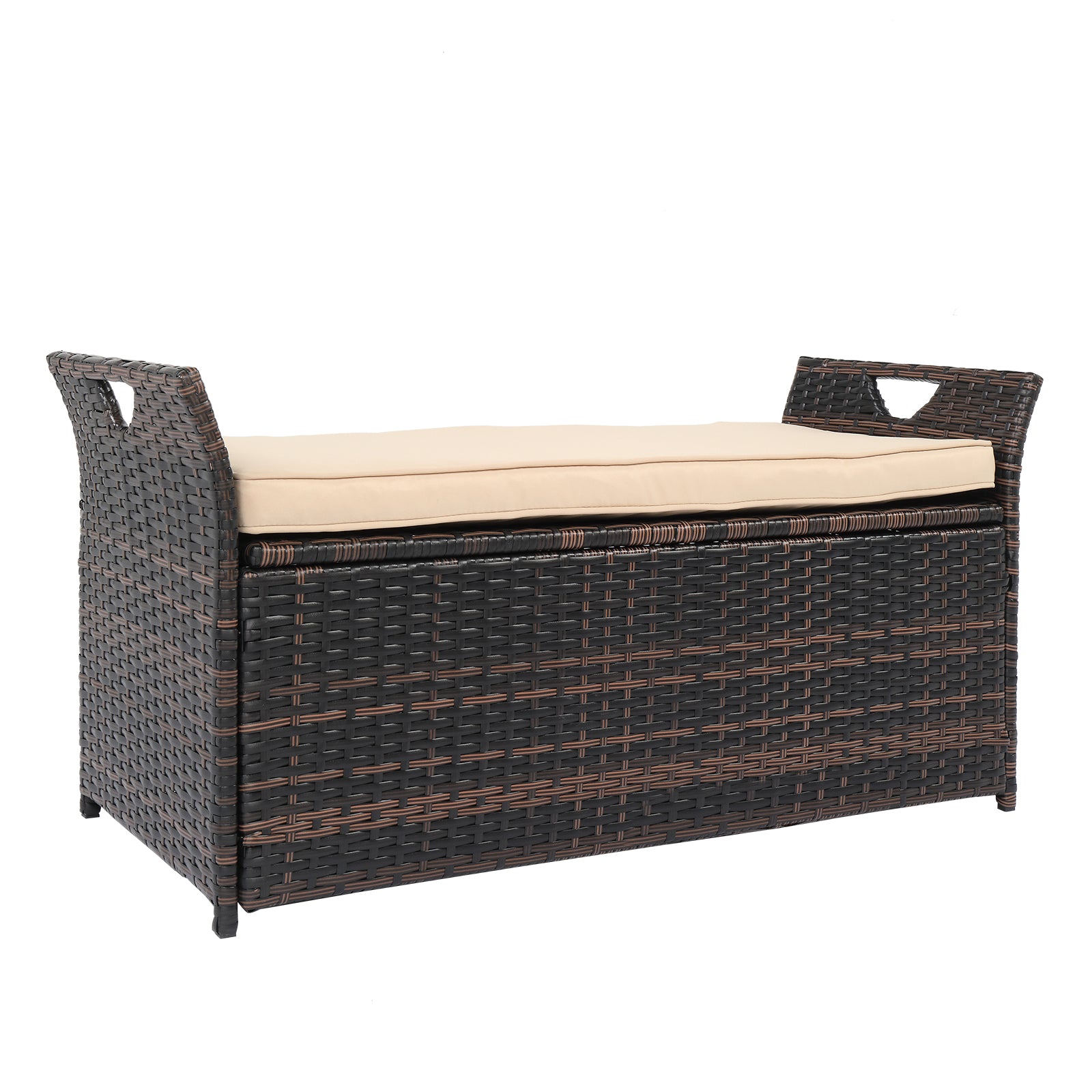 HAOYYE Rattan Storage Ottoman Bench with Cushion and Iron Frame, Brown Gradient PE Wicker Footstool Locker for Bedroom Entryway Living Room, 125L Hidden Storage Chest with Soft Seat, Indoor Shoe Storage Organizer