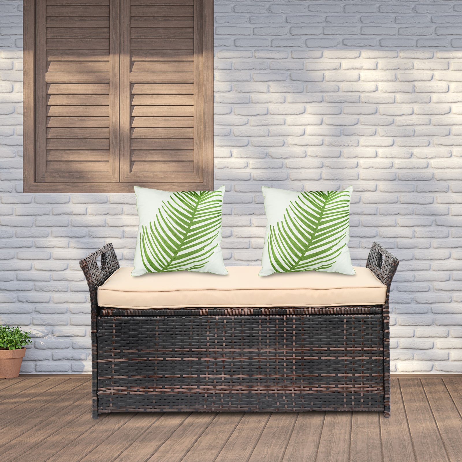 HAOYYE Rattan Storage Ottoman Bench with Cushion and Iron Frame, Brown Gradient PE Wicker Footstool Locker for Bedroom Entryway Living Room, 125L Hidden Storage Chest with Soft Seat, Indoor Shoe Storage Organizer